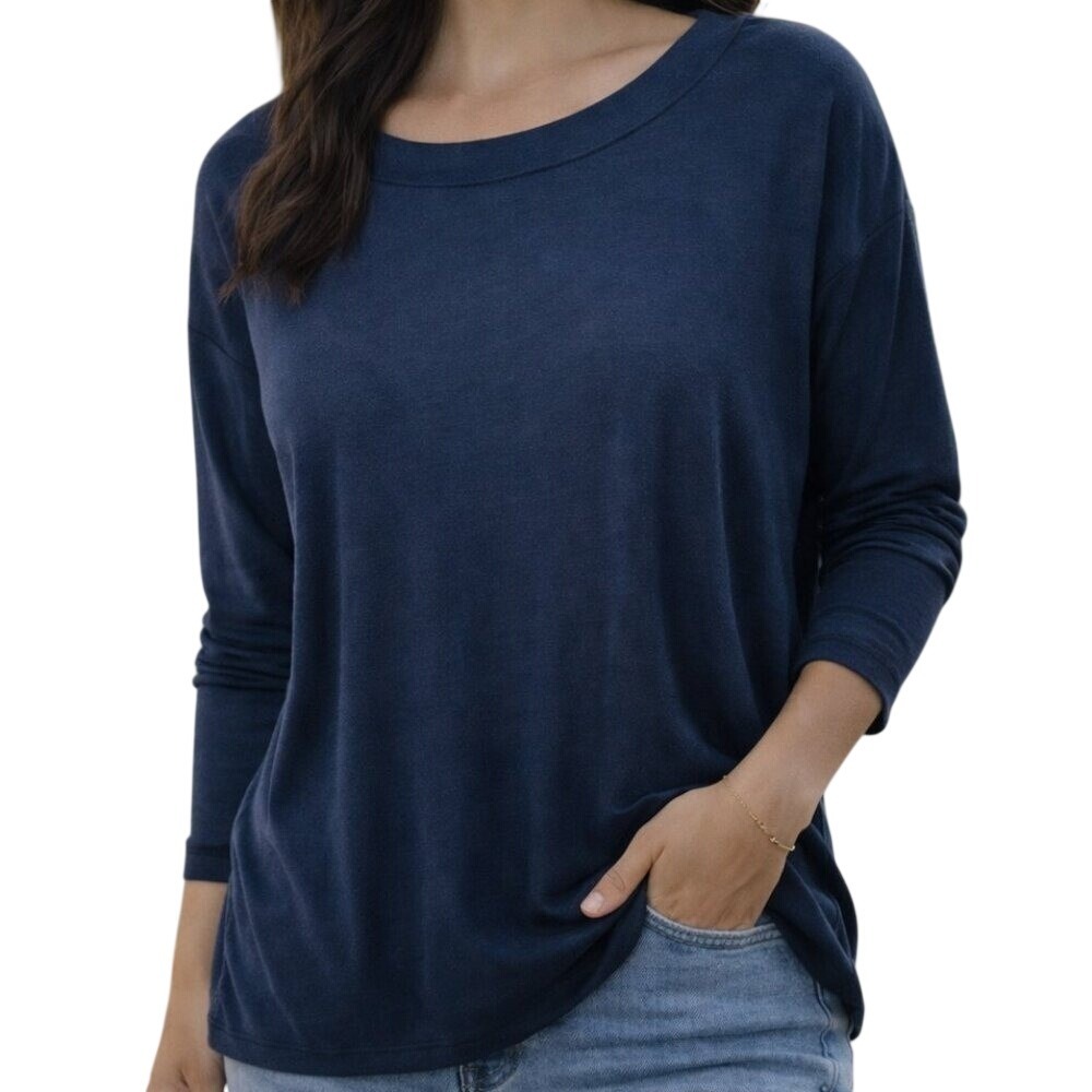 LA Threads Long Sleeve Top Womens‎ Small Navy Blue Boat Neck Ribbed Knit Relaxed